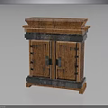 Vintage Wooden Cabinet With Double Doors And Ornate Metal Hardware Frame